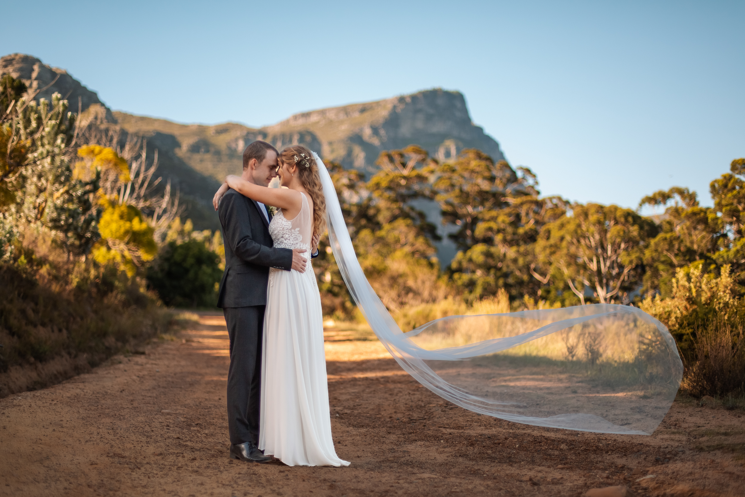 A wedding couple photographed at golden hour in the Western Cape